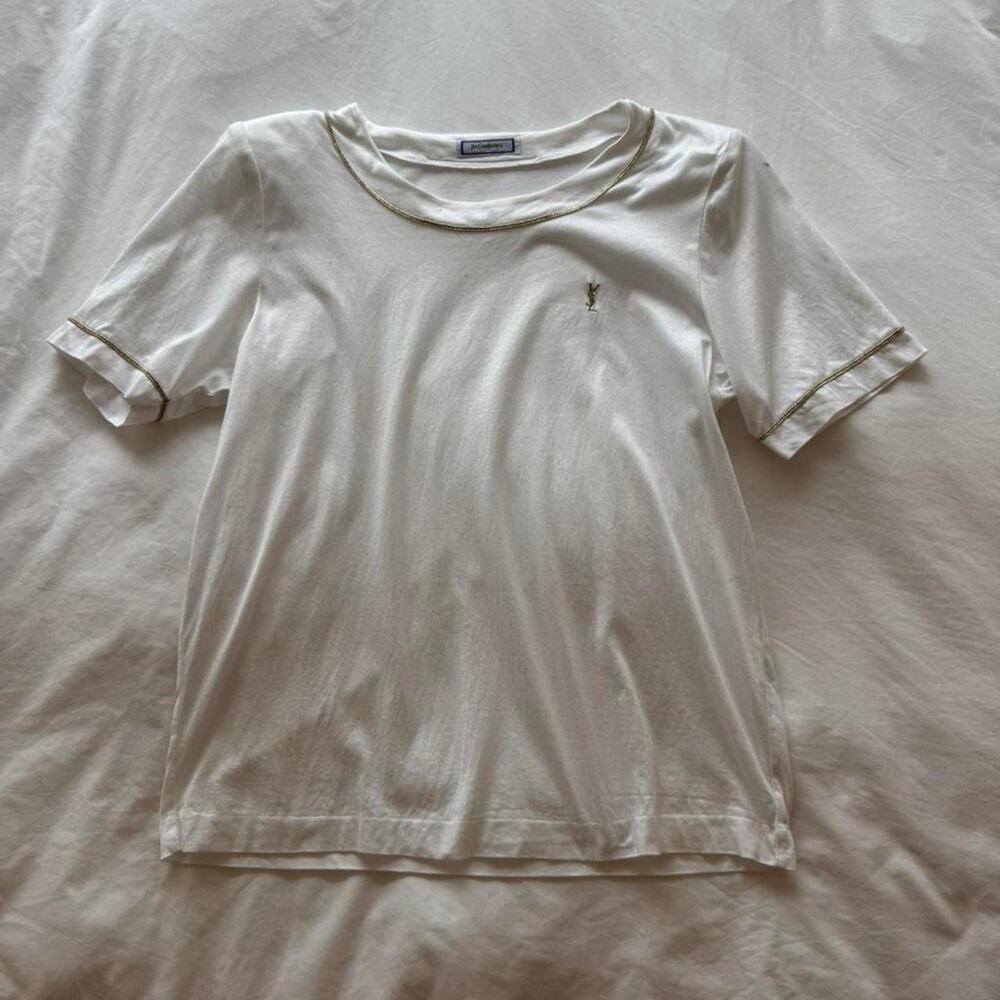White vintage ysl baby tee with gold trim and shoulder pads